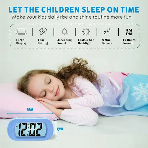 Vista 2 de Plumeet Reloj Despertador para Niños LCD Digital Grande Relojes Despertadores de Viaje con Repetición y Luz Nocturna - Sonido Ascendente