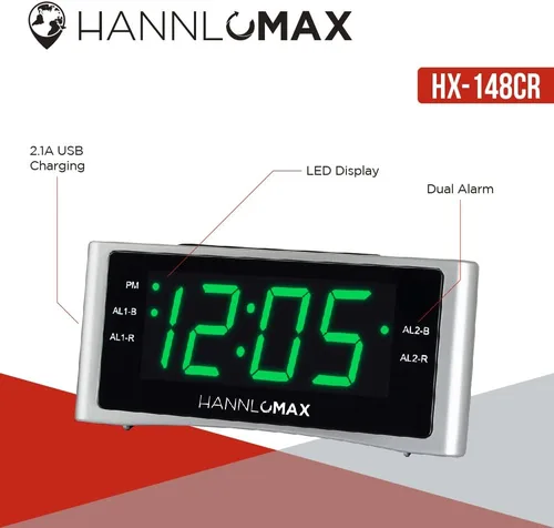 Vista 4 de HANNLOMAX Radio despertador HX-148CR, radio FM, pantalla de 1.4", carga USB Reloj digital, alarma dual, pantalla LED verde de 1.4 pulgadas