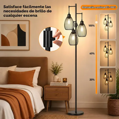 Vista 3 de Lámpara de pie regulable, 3 bombillas LED Edison de 800LM incluidas, lámpara de pie industrial de granja lámpara de árbol de pie con elegante jaula
