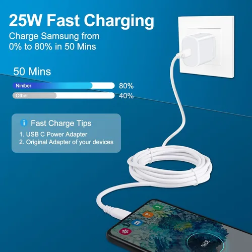 Vista 5 de 25W rápido tipo C cargador bloque iPhone 15 cable de carga teléfono Android carga rápida para Samsung Galaxy A13 A53 5G A03S A02S A12 A11 A42 A32