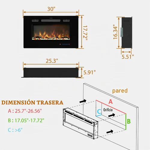 Vista 6 de Insertos de chimenea eléctrica de 30 pulgadas, calentador de chimenea empotrado y montado en la pared, chimenea lineal con termostato, control