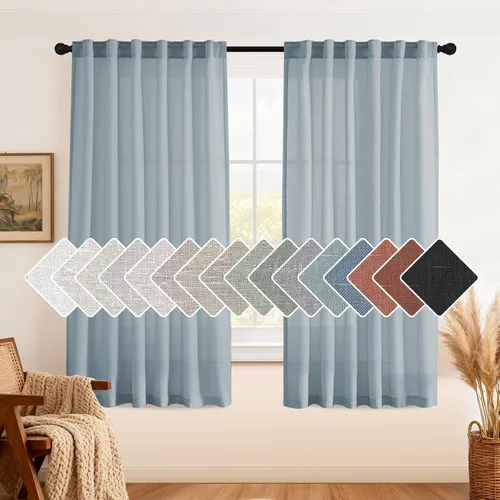 Vista 32 de H.VERSAILTEX Cortinas de lino natural de 63 pulgadas de largo para sala de estar, 2 paneles con trabillas traseras y bolsillo, texturizadas