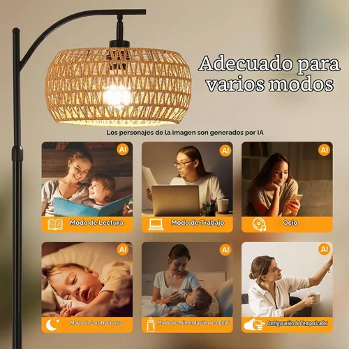 Vista 8 de Lámpara de pie bohemia con estante de madera, bombilla inteligente regulable de 9 W incluida, lámpara de pie con control remoto con mesa, lámpara