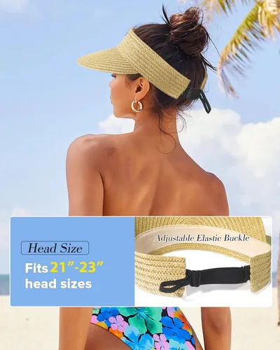 Vista 4 de Beach Sun Visor Hats for Women, Wide Brim UPF50+ Protection Straw Hat Packable Foldable Summer Beige
