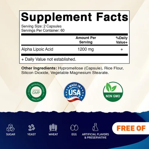 Vista 2 de Vitamatic Ácido alfa lipoico 1200 mg por porción, 120 cápsulas – Sin gluten, cápsulas vegetarianas, sin soja y sin OMG