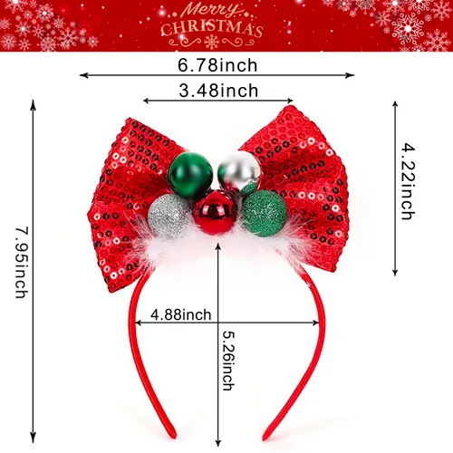 Vista 5 de Ecuupas Diadema de Navidad con lazo para el pelo, color rojo, brillante, verde, campana, diseño de tocado para mujeres, niñas, niños, invierno