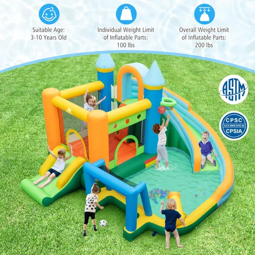 Vista 9 de BOUNTECH Tobogán acuático inflable, castillo de salto de agua 9 en 1 para niños con soplador, toboganes dobles, pelotas oceánicas, puerta de fútbol