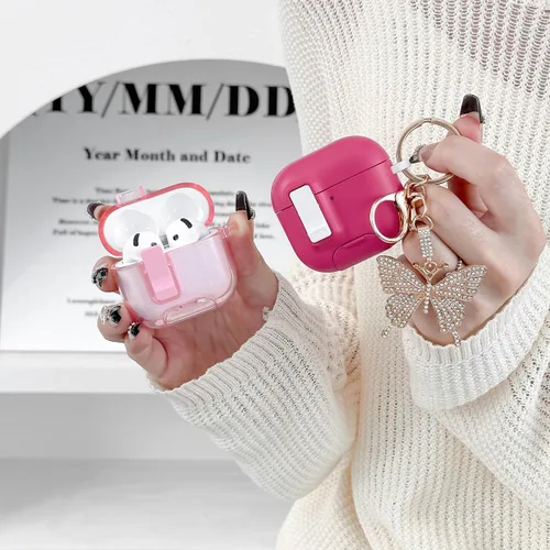 Vista 7 de Bonita funda rosa para Airpods de 4 generación con cerradura y llavero de mariposa brillante para mujeres femeninas, funda rígida transparente única