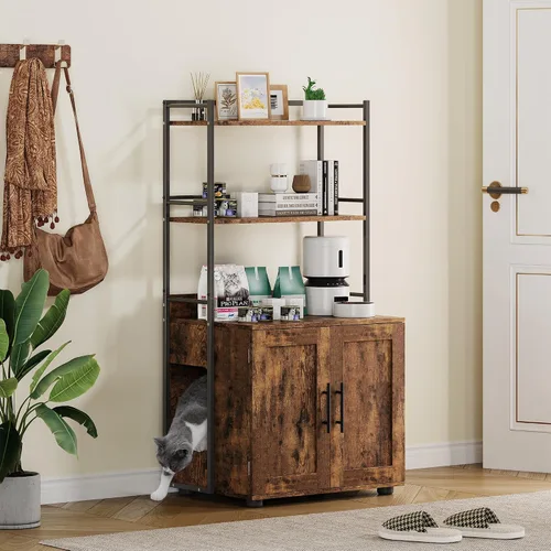Vista 9 de GAOMON Caja de arena para gatos con almacenamiento de estantes, muebles ocultos 2 en 1 para baño, gabinete interior para gatos, caja oculta
