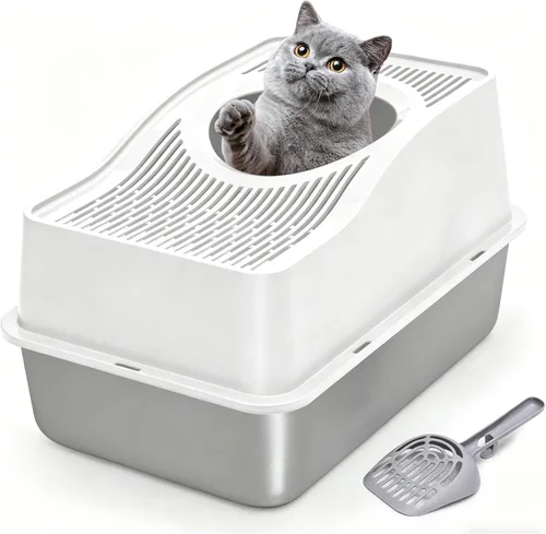 Vista 7 de Caja de arena para gatos de entrada superior con tapa, caja de arena cerrada de acero inoxidable para gatos, caja de arena de metal grande con carga
