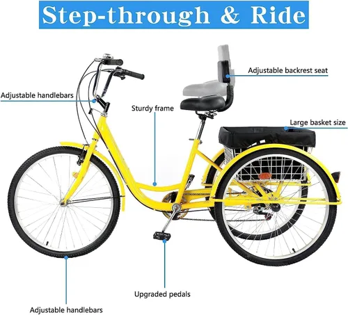 Vista 5 de Triciclo para adultos de 24/26 pulgadas, 7 velocidades, triciclo de 3 ruedas para adultos para mujeres/hombres/personas mayores, bicicleta de tres