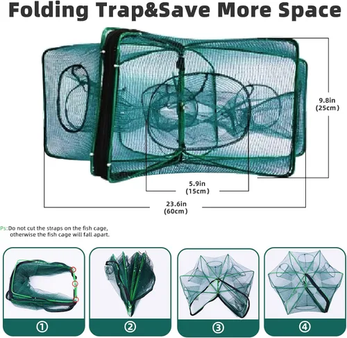Vista 6 de 3 Pcs Foldable Fishing Net Accessories for Crab Crayfish Shrimp:Fishing Landing Net with Telescoping Pole Handle, Collapsible Crab Trap Hexagon and