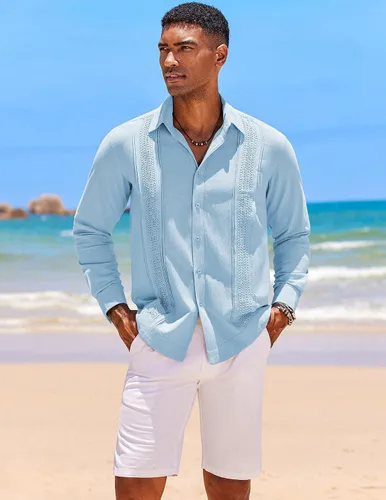 Vista 3 de COOFANDY Men's Cuban Guayabera Shirts Long Sleeve Casual Button Down Shirt Cotton Beach Tops