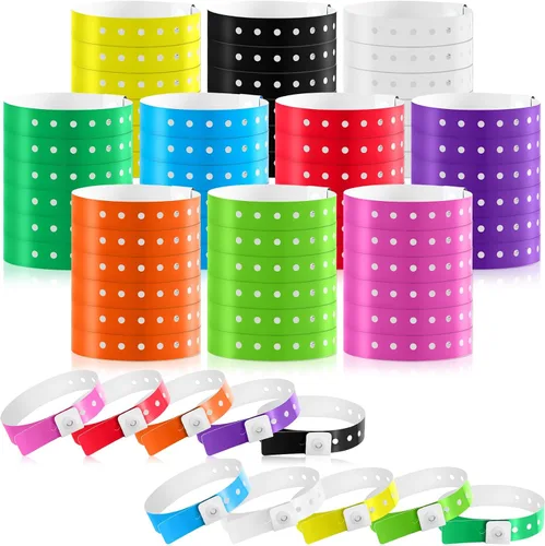 Vista 16 de 600 pulseras de plástico para eventos, vinilo, colores surtidos Adjustable Snap, Bulk Waterproof Neon Colored Arm Bands, For Admission Pools