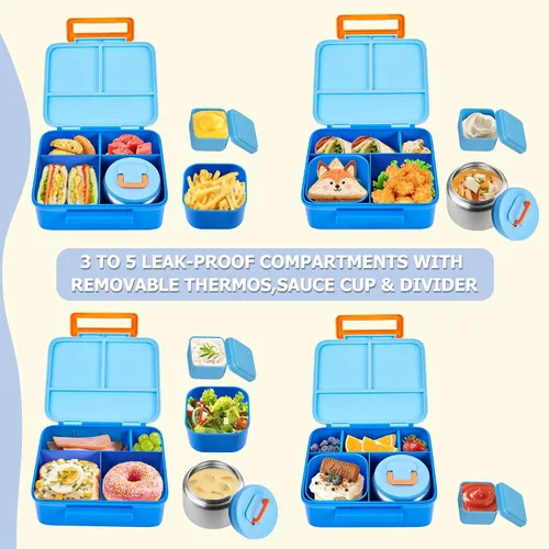 Vista 5 de Lonchera Bento para niños con termo, a prueba de fugas, con tarro de comida aislado de 8 onzas, bolsa de almuerzo, sin BPA, apta para lavavajillas