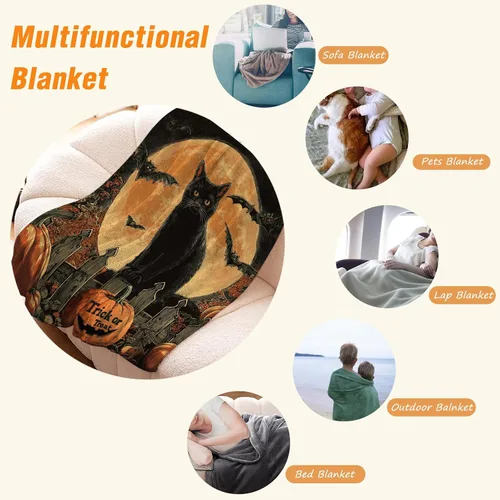 Vista 6 de YeeJu Manta de Halloween con diseño de calabaza y gato negro, manta de bebé pequeña para regazo, bebé, bebé, cuna, carriola, acogedora, suave