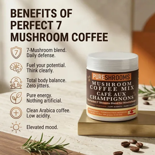 Vista 3 de PureShrooms Perfect 7 - Café de hongos – Arábica instantánea de origen único con melena de león orgánica, Reishi y Cordyceps – Bebida