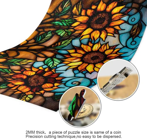 Vista 3 de Rompecabezas de girasol de estilo retro, material compuesto de madera de papel Zcon bolsa de almacenamiento e imagen de referencia fácil de resolver