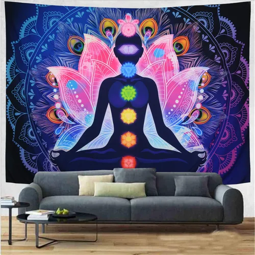 Vista 4 de Maccyafst Seven Chakra Yoga Meditación Colgante de Pared – Colorido Mandala Indio Hippie Chakra Tapiz para habitación de estudio (H51.2 W59.1)