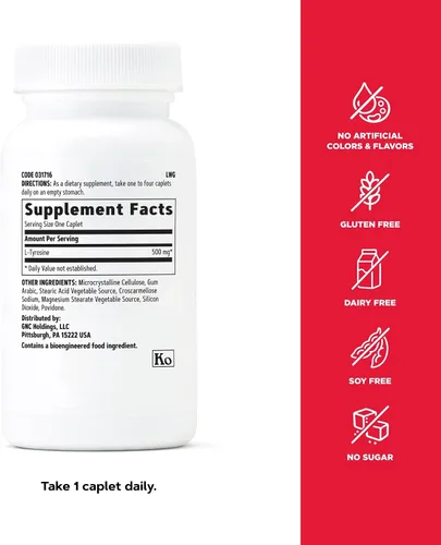Vista 9 de GNC - L-tirosina de 500 mg, favorece la actividad normal y saludable del sistema nervioso