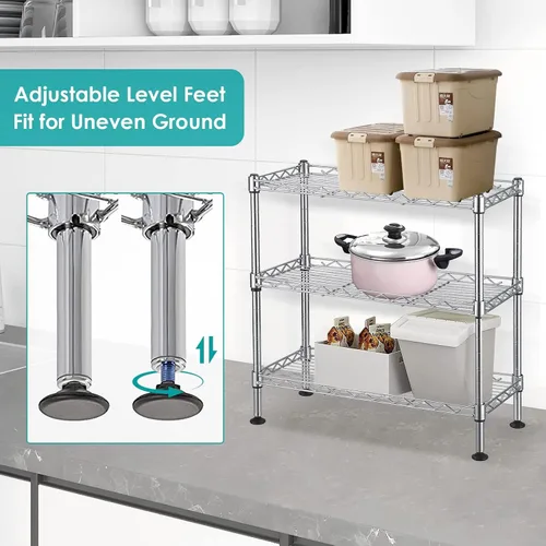 Vista 6 de Estante de alambre ajustable de 3 niveles, estantes de almacenamiento de metal de 3 niveles con patas niveladoras, unidad de estantería de alambre