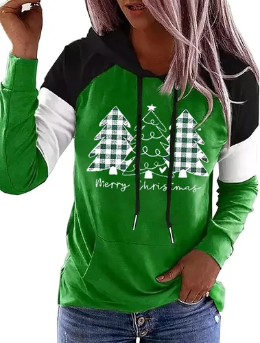 Vista 24 de LLHXRUI Sudadera de Navidad con diseño de árbol a cuadros y rayas para mujer, camiseta con bolsillo con capucha, manga larga, bloque de color Como