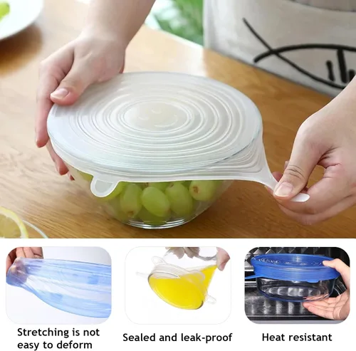 Vista 4 de 12 tapas elásticas de silicona, tapas de silicona reutilizables para almacenamiento de alimentos, 6 tamaños diferentes de fundas de silicona