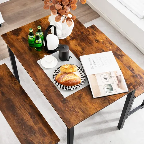 Vista 5 de LDAILY Moccha - Juego de mesa de comedor para 4, mesa de cocina con bancos, juego de comedor de madera de 43 pulgadas que ahorra espacio con marco