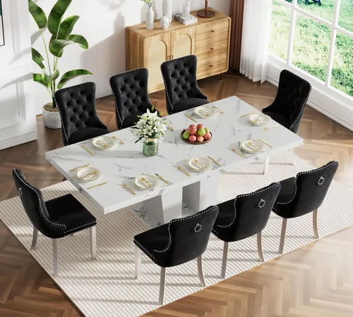 Vista 59 de Juego de mesa de comedor extensible marrón de 63 a 78.74 pulgadas para 4, juego de mesa de comedor de 5 piezas con 4 sillas, mesa de cocina