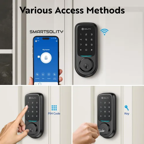 Vista 3 de Solity Cerradura digital inteligente sin concentrador, diseñada en Corea, entrada sin llave, Wi-Fi, control remoto, teclado de pantalla táctil Negro
