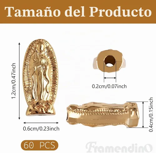 Vista 2 de Framendino, Paquete de 60 cuentas de Virgen María, Nuestra Señora de Guadalupe, abalorios espaciadores sueltos para hacer joyas Dorado