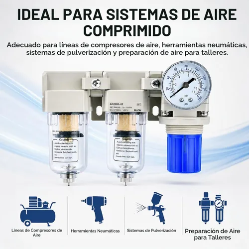 Vista 3 de BLCH Compresor de Aire Secador 1/4" NPT - Filtro Doble Compresor de Aire Regulador Compresor de Aire AC2000-02 Vaciado Manual Vaso de Polietileno