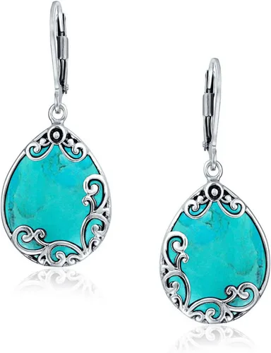 Vista 2 de Aretes colgantes bohemios occidentales con piedras semipreciosas, grandes y planas, lágrima, filigrana, palanca de desplazamiento, para mujer, plata