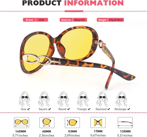 Vista 7 de CGID Gafas de sol de gran tamaño de moda para mujer, visión nocturna, faros delanteros de conducción UV400, Carey