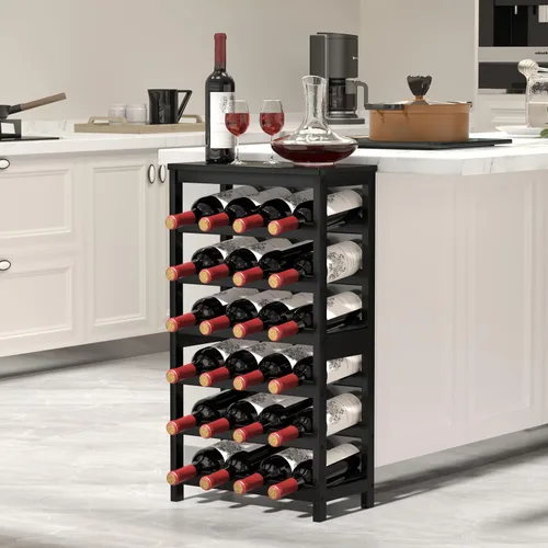 Vista 2 de MOGELAFOO Estante de vino de bambú de 6 niveles independiente, 24 estantes de almacenamiento de vino con mesa, estante apilable de exhibición