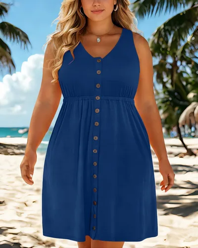 Vista 42 de Holipick Vestidos de verano para mujer, talla grande, casual, con bolsillos, acampanado, con botones, sin mangas, cuello en V