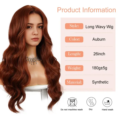 Vista 3 de Halcyon Peluca larga de color rojo cobre castaño rojizo para mujeres negras, peluca ondulada de aspecto natural, peluca sintética de aspecto Cobre