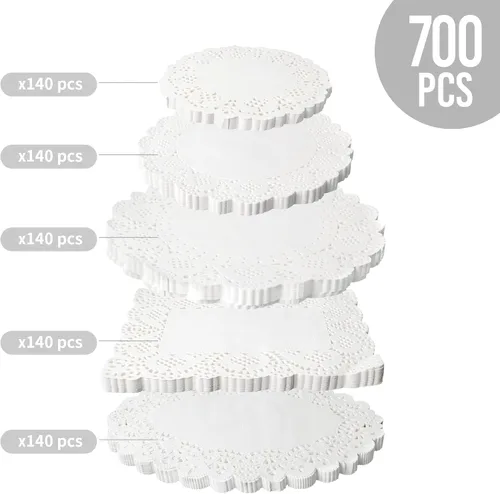 Vista 2 de Paquete de 700 tapetes de papel blanco de varios tamaños, tapabocas desechables de encaje de papel para alimentos (rectángulo redondo ovalado)
