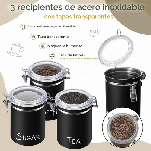 Vista 3 de FillTouch 3 recipientes de café herméticos extra grandes de 60.8 onzas con 3 cucharas, recipientes de acero inoxidable para almacenamiento