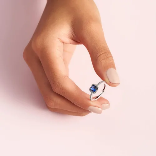 Vista 5 de PANDORA Jewelry - Anillo cuadrado azul con halo de cristal y circonita cúbica en plata de ley, talla 7, Metal Cristal, Zirconia cúbica