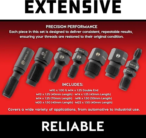 Vista 7 de Powerbuilt 7pc Master Thread Repair Chaser Set (O2, Spark Plug & Fasteners) Heat-treated steel, restores damaged fastener grooves; corrosion