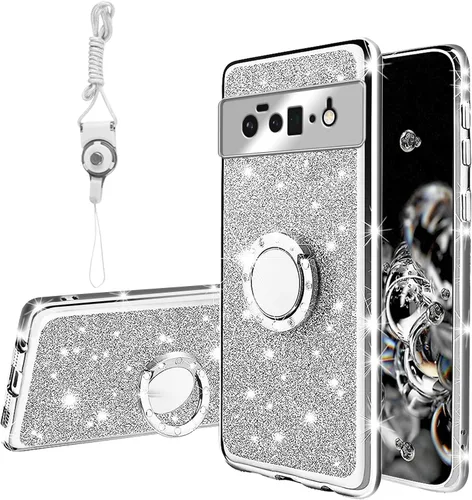 Vista 36 de Funda compatible con Google Pixel 6 Pro para mujer, con purpurina, suave, elegante, transparente, TPU de lujo, bonita funda protectora con correa