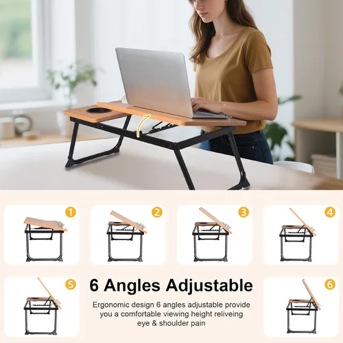 Vista 7 de Mesa de cama ajustable para laptop con soporte para libros, escritorio portátil de lectura con panel lateral, grano de madera