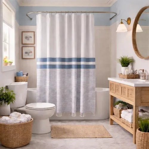 Vista 22 de Serafina Home Cortina de ducha de tela blanca y negra a rayas náuticas: hotel de lujo 100% algodón con tejido decorativo detallado para baño 70 "x