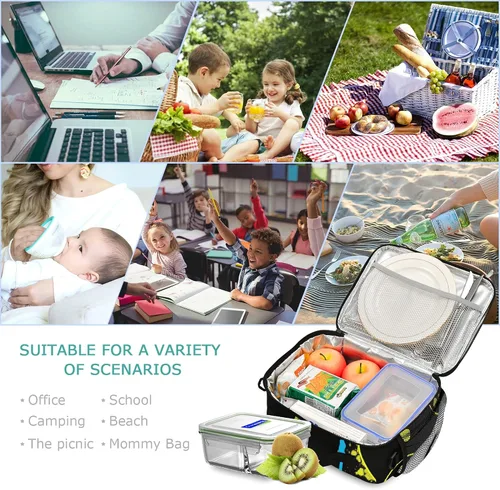 Vista 4 de Bolsa de almuerzo con patrón de videojuego, cajas de almuerzo aisladas, enfriador, contenedor de alimentos para adultos, hombres y mujeres