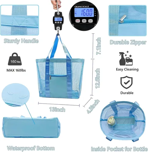 Vista 7 de Bolsa de playa de malla, bolsa de playa, ligera, impermeable, a prueba de arena, bolsas de viaje duraderas para juguetes de playa