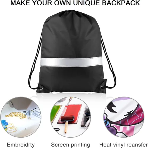 Vista 5 de KUUQA Mochila con cordón y tira reflectante, mochila de cuerda, bolsa de cincha a granel para escuela, yoga, deporte, gimnasio, viajes, Negro
