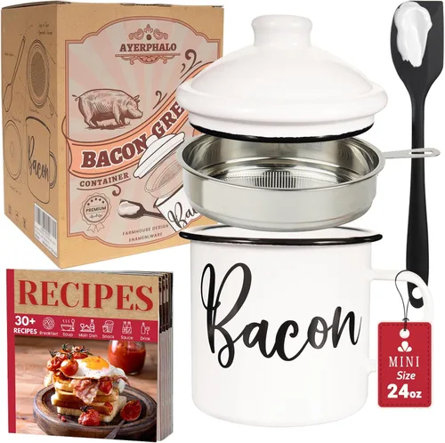 Vista 12 de Recipiente para grasa de tocino con colador - Con espátula de silicona de grado alimenticio de 24oz, recipiente rústico de grasa esmaltado