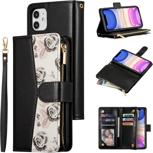 Vista 18 de UEEBAI Funda tipo cartera para iPhone 12/iPhone 12 Pro, funda de cuero PU con cierre magnético Bolso con cremallera Estuche de bolsillo con Negro