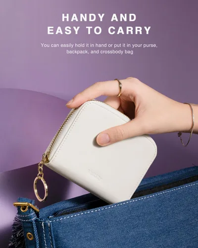 Vista 3 de Vulkitty Cartera pequeña para mujer con bloqueo RFID con cremallera alrededor de la funda triple compacta de cuero para tarjetas con bolsillo